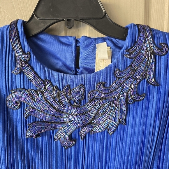 VTG 80s Michael Marcella Beaded Crinckle Dress 4 Women Blue Y2k USA Layered - Picture 6 of 16